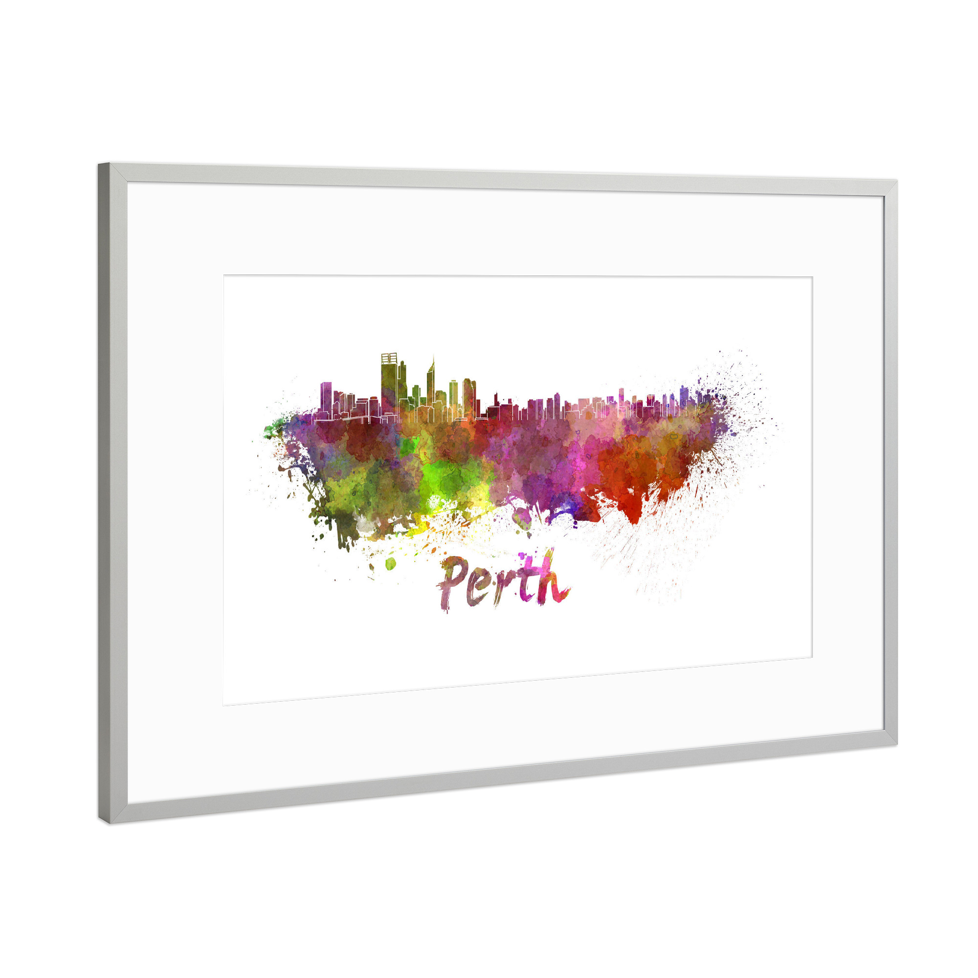 Poster mit Rahmen Silber "PERTH-Skyline im Aquarell" artboxONE - Abstrakt - Skyline,Denkmäler,Tourismus,Farbe,Stadt,Reise,Aquarell,Perth