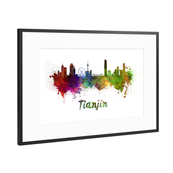 Poster mit Rahmen Schwarz (Metallic) "TIANJIN-Skyline im Aquarell-x" artboxONE - Städte,Abstrakt,Architektur