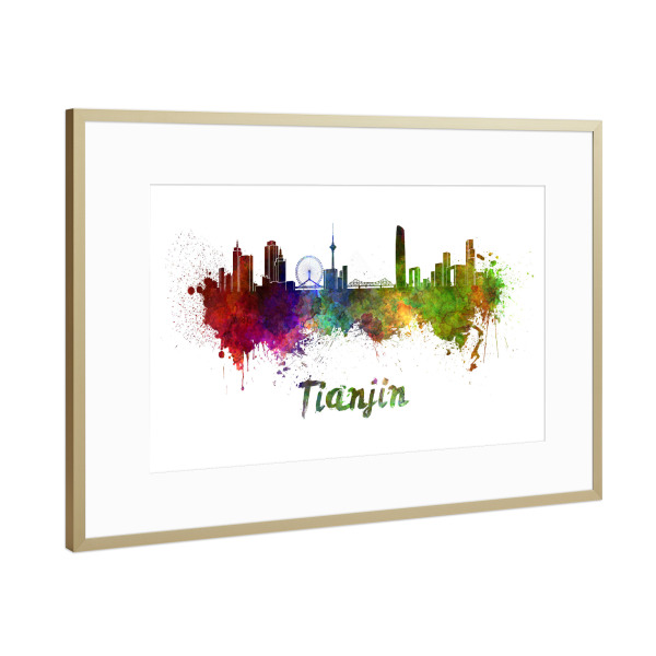 Poster mit Rahmen Gold "TIANJIN-Skyline im Aquarell-x" artboxONE - Städte,Abstrakt,Architektur