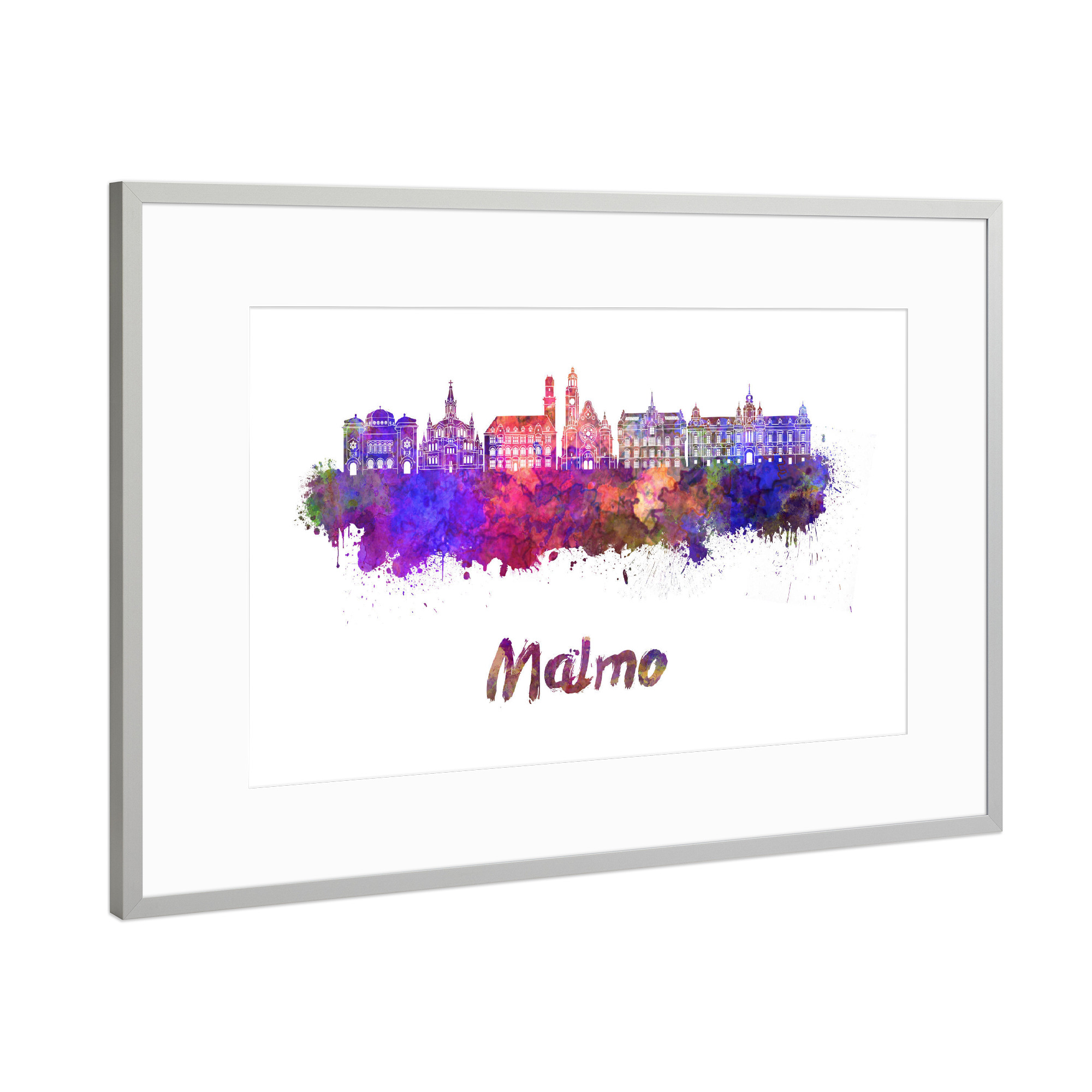 Poster mit Rahmen Silber "MALMO Skyline in Aquarell-b" artboxONE - Städte,Abstrakt,Architektur