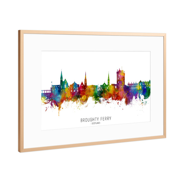Poster mit Rahmen Kupfer "Broughty Ferry Skyline txt" artboxONE - Städte - Bringy ferry,Schottland,Skyline,Stadtbild,Stadtbild,Aquarell,Malerei