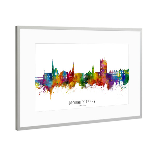 Poster mit Rahmen Silber "Broughty Ferry Skyline txt" artboxONE - Städte - Bringy ferry,Schottland,Skyline,Stadtbild,Stadtbild,Aquarell,Malerei