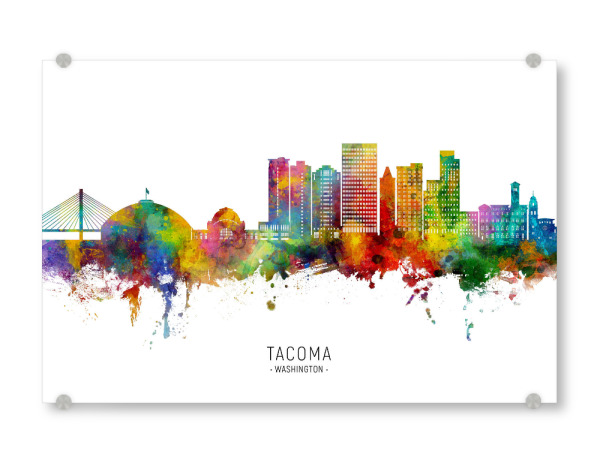 Acrylglasbild "Tacoma Washington Skyline txt" artboxONE - Städte - Tacoma,Washington,Skyline,Stadtbild,Stadtbild,Aquarell,Malerei