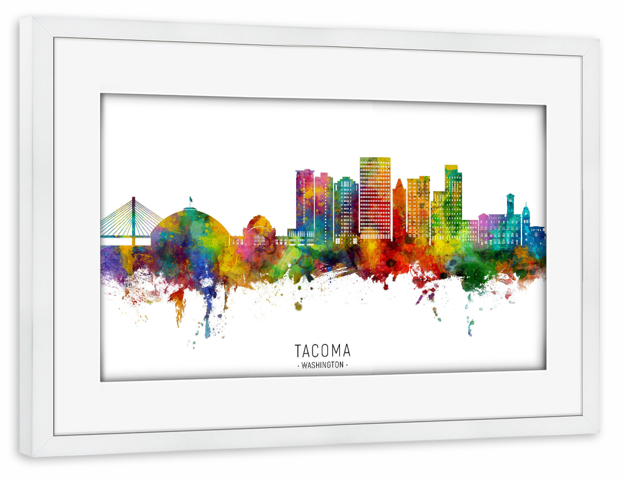 Poster mit Rahmen weiß "Tacoma Washington Skyline txt" artboxONE - Städte - Tacoma,Washington,Skyline,Stadtbild,Stadtbild,Aquarell,Malerei