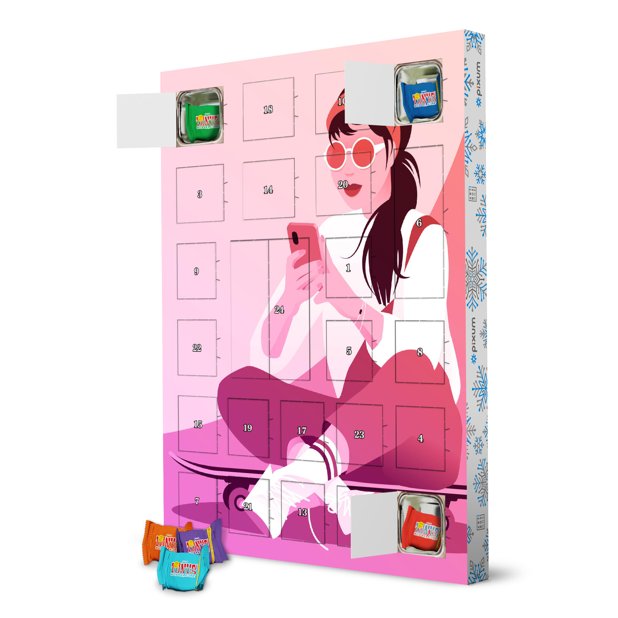 Adventskalender mit Tony's Chocolonely Skaterin mit Smartphone im Sommer artboxONE Adventskalender Menschen