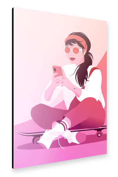 Alu-Dibond "Skaterin mit Smartphone im Sommer" 30x20 cm artboxONE