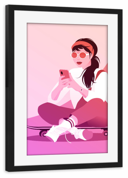 Poster mit Rahmen schwarz "Skaterin mit Smartphone im Sommer" artboxONE - Menschen