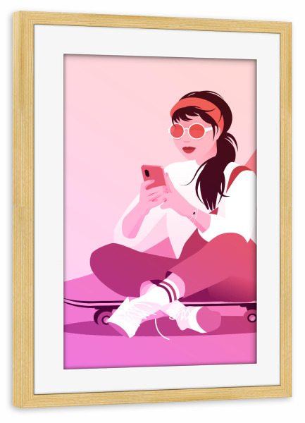 Poster mit Rahmen kiefer "Skaterin mit Smartphone im Sommer" artboxONE - Menschen