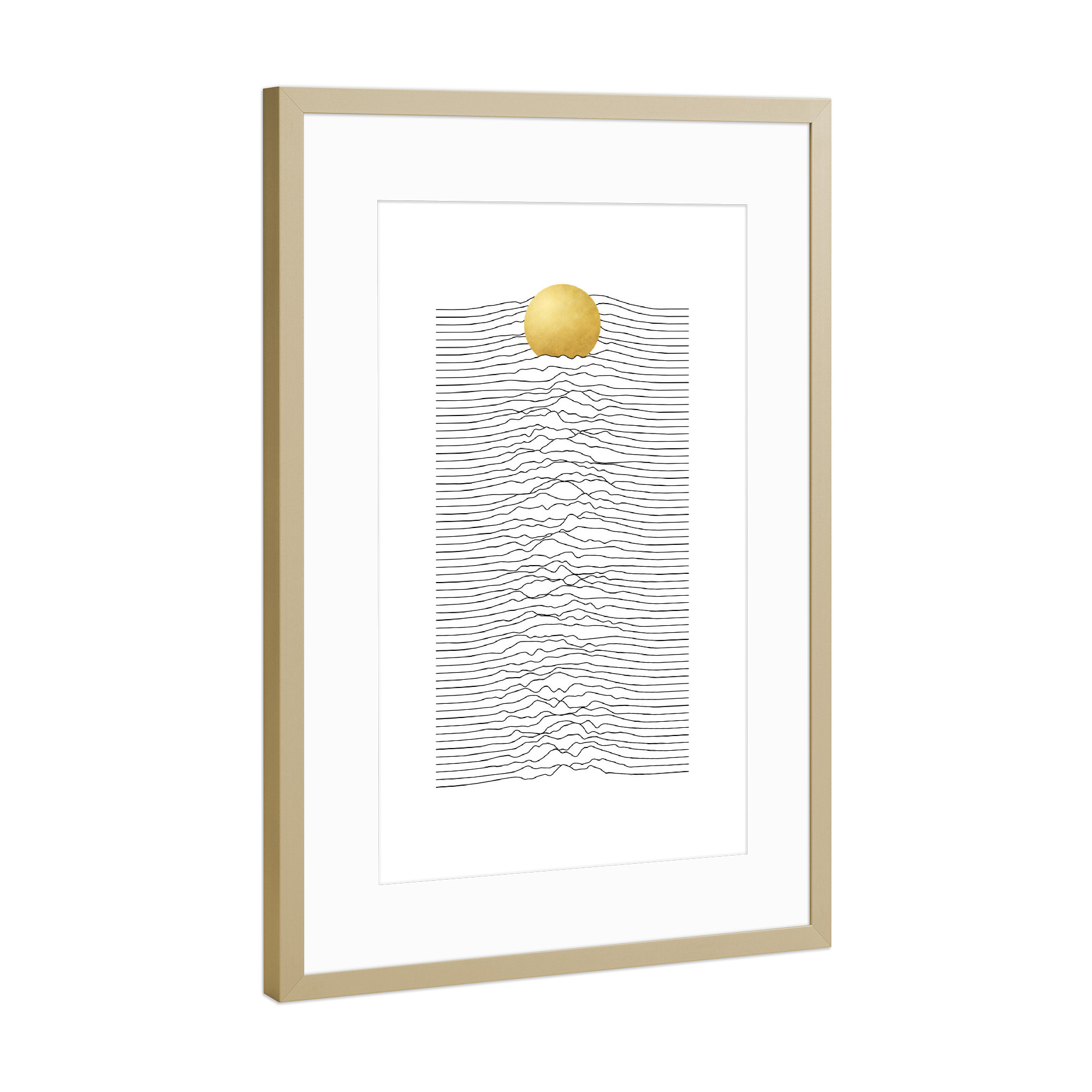 Poster mit Rahmen Gold "Mono-Wellenform-Sonnenaufgang" artboxONE - Abstrakt,Geometrie,Galaxy