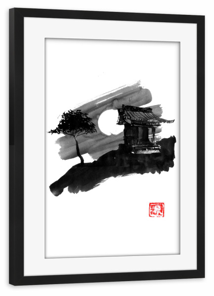 Poster mit Rahmen schwarz "Schrein" artboxONE - Natur,Schwarzweiß - Sumie,Japan,Schrein,Tempel,Mond,Baum