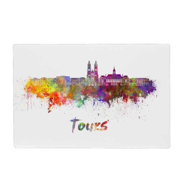 Holzbild "TOURS Skyline in Aquarell-x" artboxONE - Städte,Abstrakt,Architektur - Skyline,Denkmäler,Tourismus,Stadt,Reise,Aquarell,Speicher,Touren,Bunt