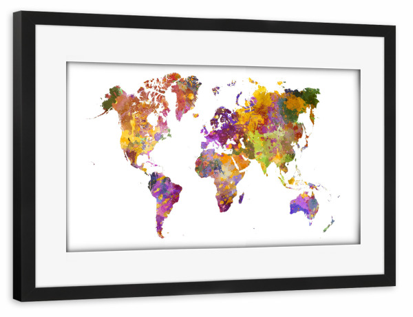 Poster mit Rahmen schwarz "Wasserfarbene Weltkarten" artboxONE - Abstrakt,Kartografie