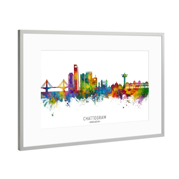 Poster mit Rahmen Silber "Chattogram Bangladesch Skyline txt" artboxONE - Städte - Chattogram,Bangladesch,Skyline,Stadtbild,Stadtbild,Aquarell,Malerei