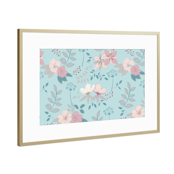 Poster mit Rahmen Gold "Frühlingsblumen auf Pastellblau" artboxONE - Typografie,Floral