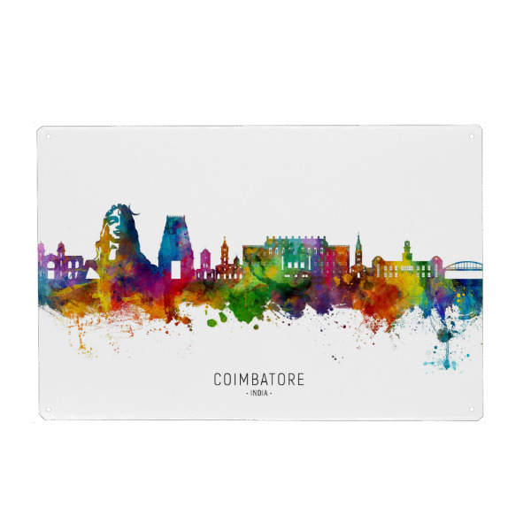 Holzbild "Coimbatore Skyline India txt" artboxONE - Städte - Coimbatore,Indien,Skyline,Stadtbild,Stadtbild,Aquarell,Malerei