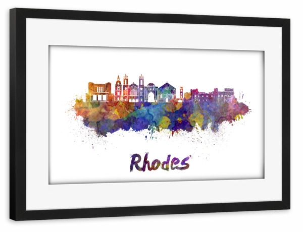 Poster mit Rahmen schwarz "Skyline von RHODOS in Aquarell" artboxONE - Städte,Abstrakt,Architektur