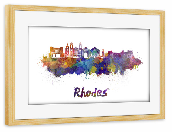 Poster mit Rahmen kiefer "Skyline von RHODOS in Aquarell" artboxONE - Städte,Abstrakt,Architektur