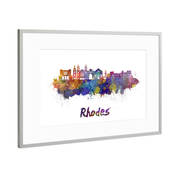 Poster mit Rahmen Silber "Skyline von RHODOS in Aquarell" artboxONE - Städte,Abstrakt,Architektur