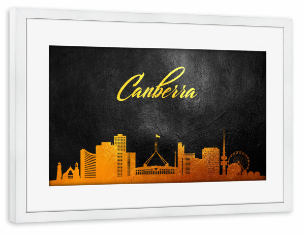Poster mit Rahmen weiß "Canberra Australien Gold-Skyline" artboxONE - Städte - Gold,Skyline,Canberra,Australien,Stadt
