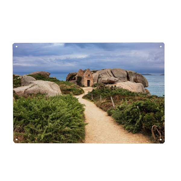 Holzbild "Ruine an der Rosengranitküste" artboxONE - Natur,Reise,Reise / Strand und Meer,Reise / Länder