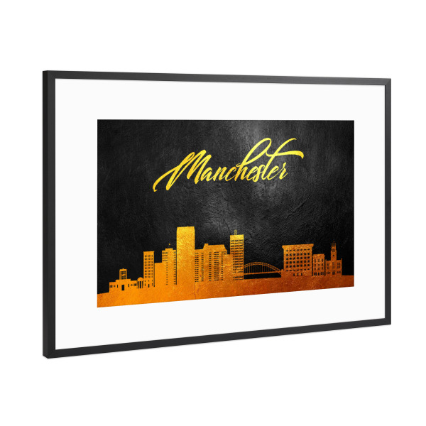 Poster mit Rahmen Schwarz (Metallic) "Manchester New Hampshire Gold" artboxONE - Städte - Manchester,New hampshire,Gold,Skyline,Stadt