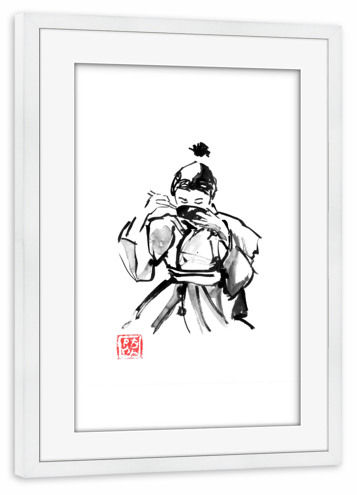 Poster mit Rahmen weiß "Boy eating rice" artboxONE - Schwarzweiß,Reise / Asien,Männer - Junge,Reis,Schüssel,Sumie,Japan,Schwarzweiß