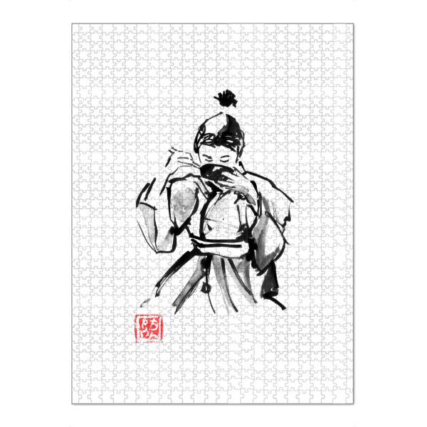 Puzzle Ravensburger "Boy eating rice" artboxONE - Schwarzweiß,Reise / Asien,Männer - Junge,Reis,Schüssel,Sumie,Japan,Schwarzweiß - Bild junge