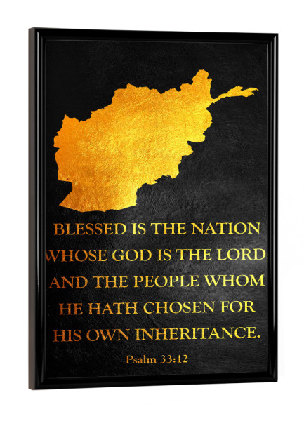 Poster mit schwarzem Rahmen "Afghanistan Bible Verse Gold Map" artboxONE - Reise / Länder - Afghanistan,Gold,Karte