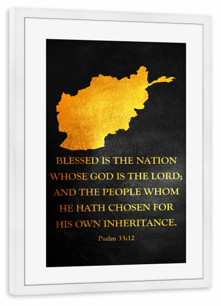 Poster mit Rahmen weiß "Afghanistan Bible Verse Gold Map" artboxONE - Reise / Länder - Afghanistan,Gold,Karte
