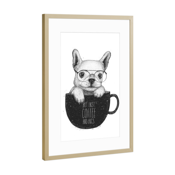 Poster mit Rahmen Gold "Pug with coffee" artboxONE - Natur,Tiere,Essen & Trinken,Lustig