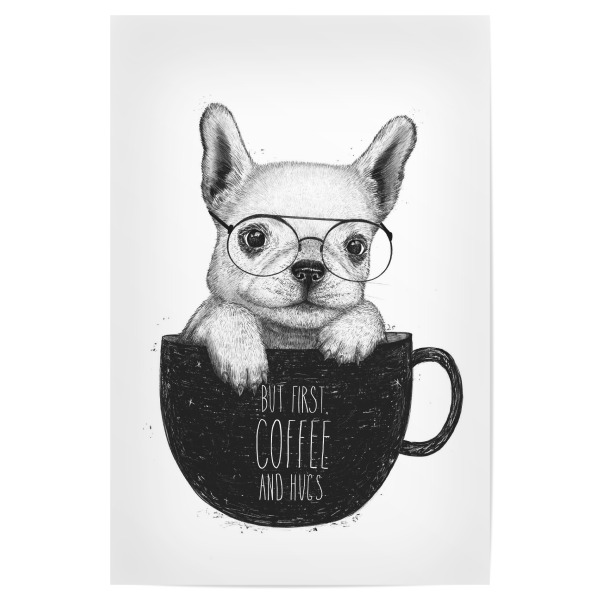 Poster "Pug with coffee" artboxONE - Natur,Tiere,Essen & Trinken,Lustig - Mops,Hund,Welpe,Schwarz und weiß,Kaffee,Koffein,Grafik,Tiere,Schwarzweiß