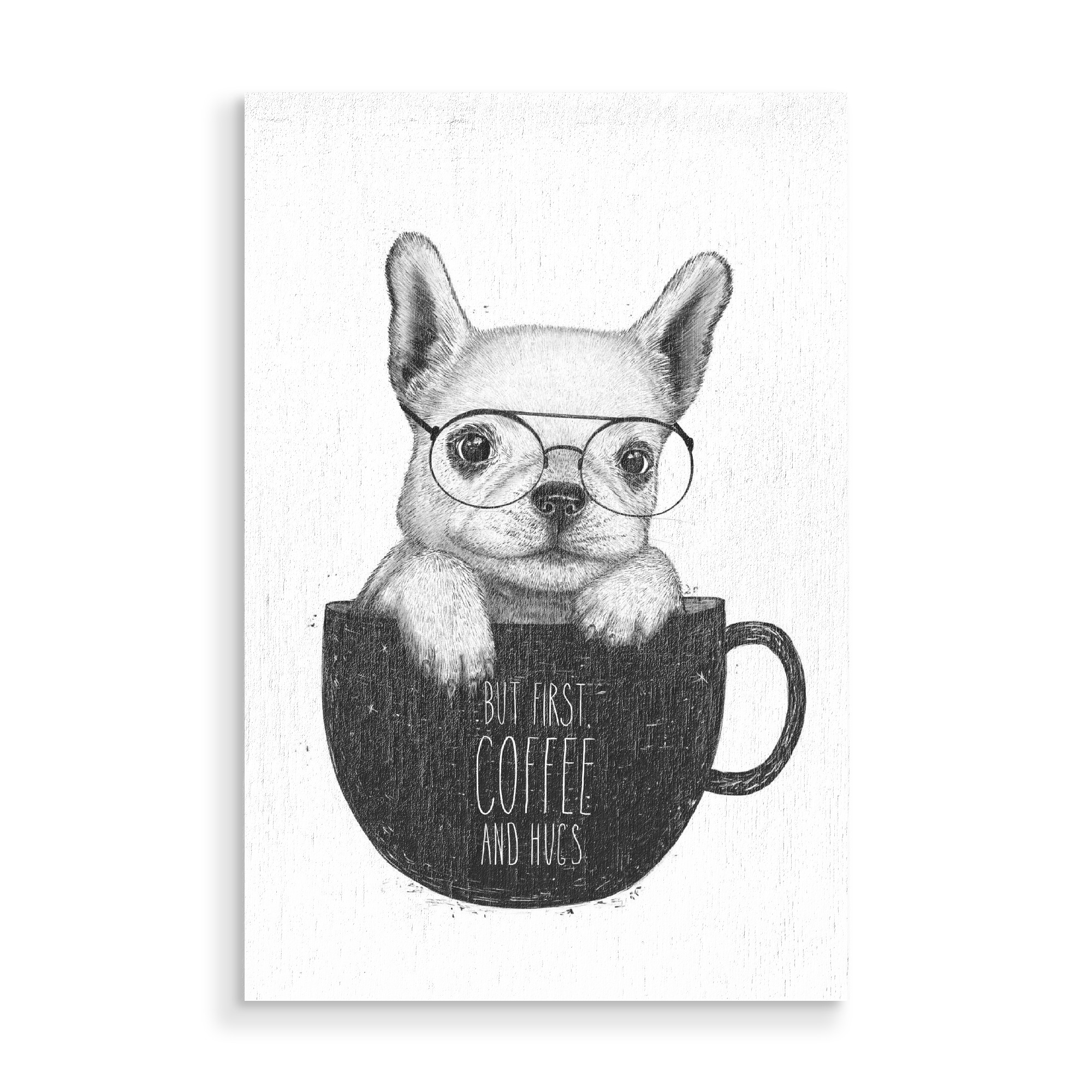 Holzbild "Pug with coffee" artboxONE - Natur,Tiere,Essen & Trinken,Lustig - Mops,Hund,Welpe,Schwarz und weiß,Kaffee,Koffein,Grafik,Tiere,Schwarzweiß
