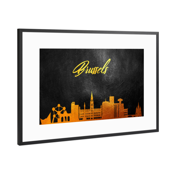 Poster mit Rahmen Schwarz (Metallic) "Brüssel Belgien Gold Skyline" artboxONE - Städte - Gold,Skyline,Brüssel,Belgien,Stadt