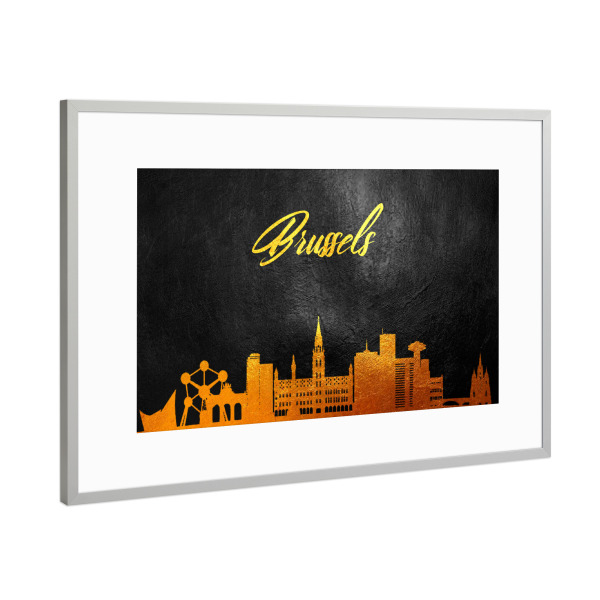 Poster mit Rahmen Silber "Brüssel Belgien Gold Skyline" artboxONE - Städte - Gold,Skyline,Brüssel,Belgien,Stadt