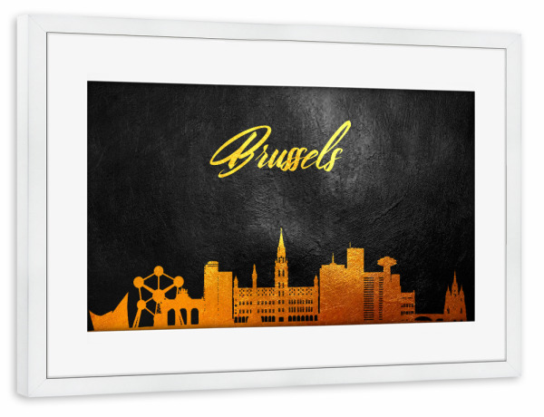 Poster mit Rahmen weiß "Brüssel Belgien Gold Skyline" artboxONE - Städte - Gold,Skyline,Brüssel,Belgien,Stadt