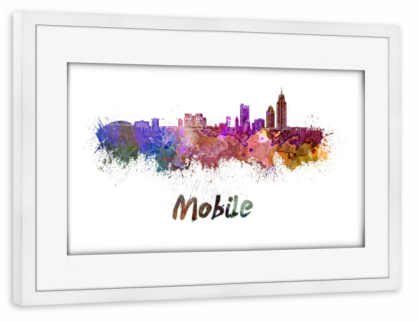 Poster mit Rahmen weiß "MOBILE skyline in watercolor" artboxONE - Städte,Abstrakt,Architektur