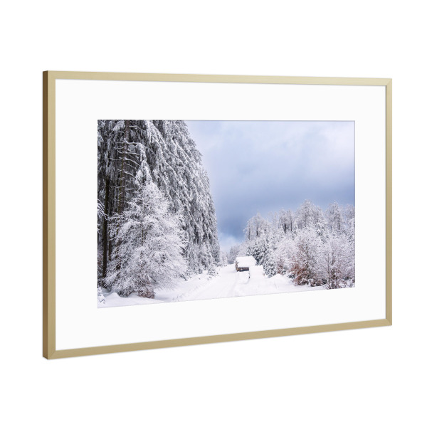 Poster mit Rahmen Gold "Wald und Weg im Schnee" artboxONE - Natur,Reise