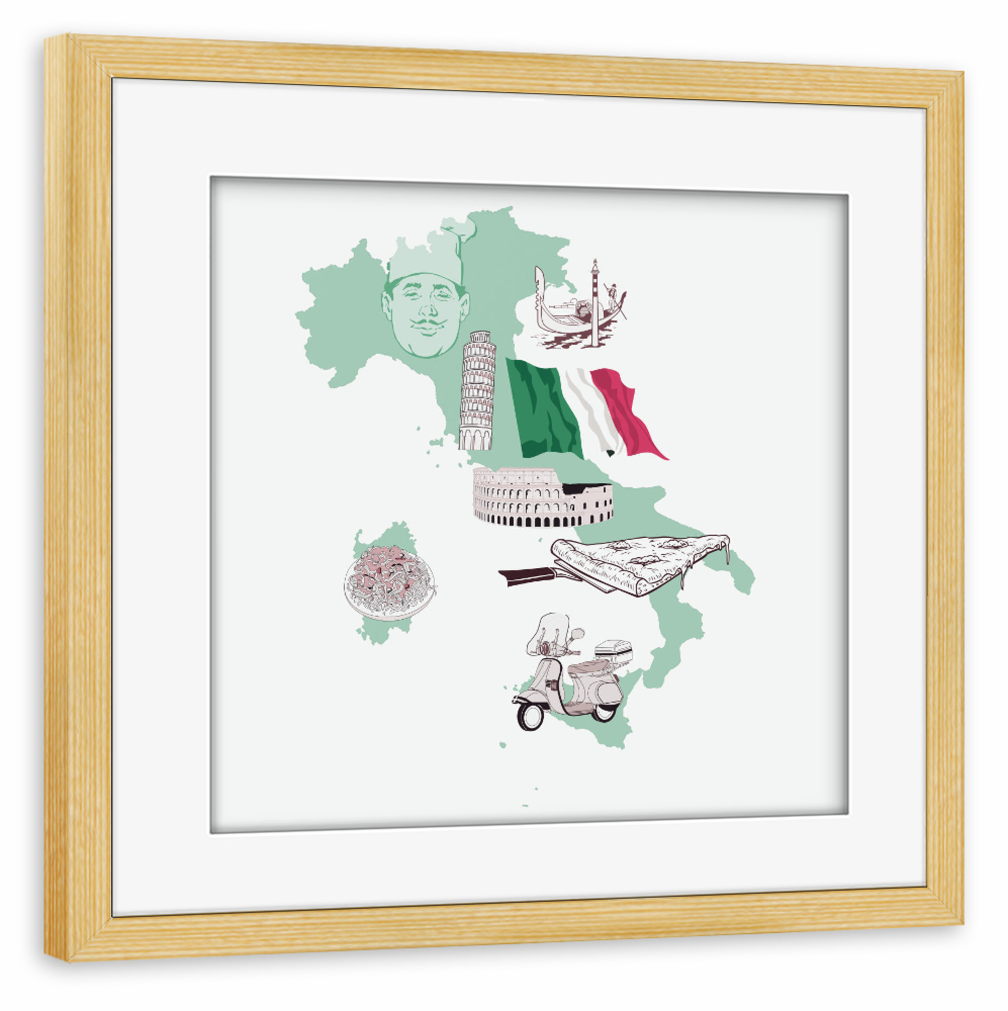 Poster mit Rahmen kiefer "Italien Illumap" artboxONE - Reise,Reise / Strand und Meer,Reise / Länder,Kartografie