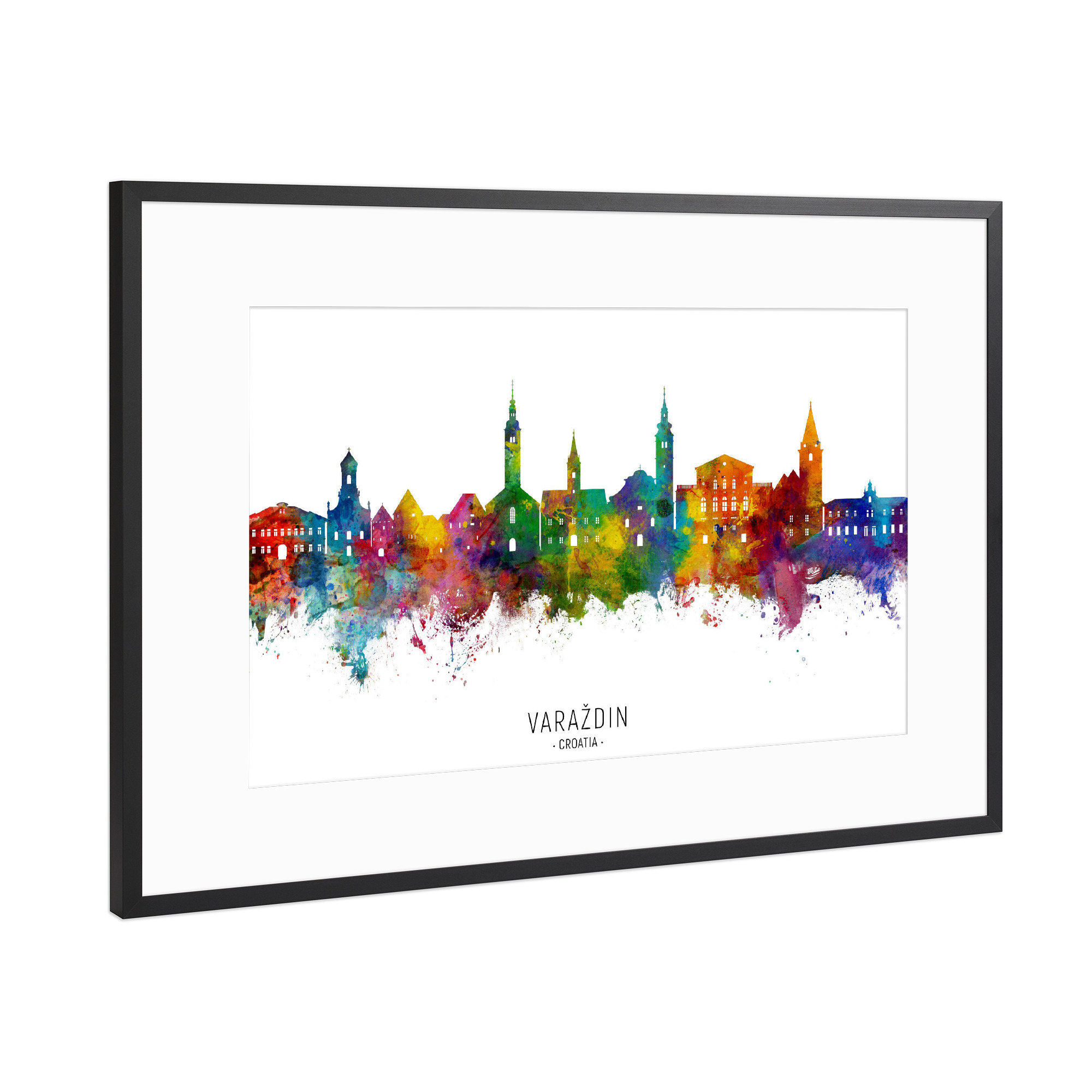 Poster mit Rahmen Schwarz (Metallic) "Varaždin Kroatien Skyline txt" artboxONE - Städte