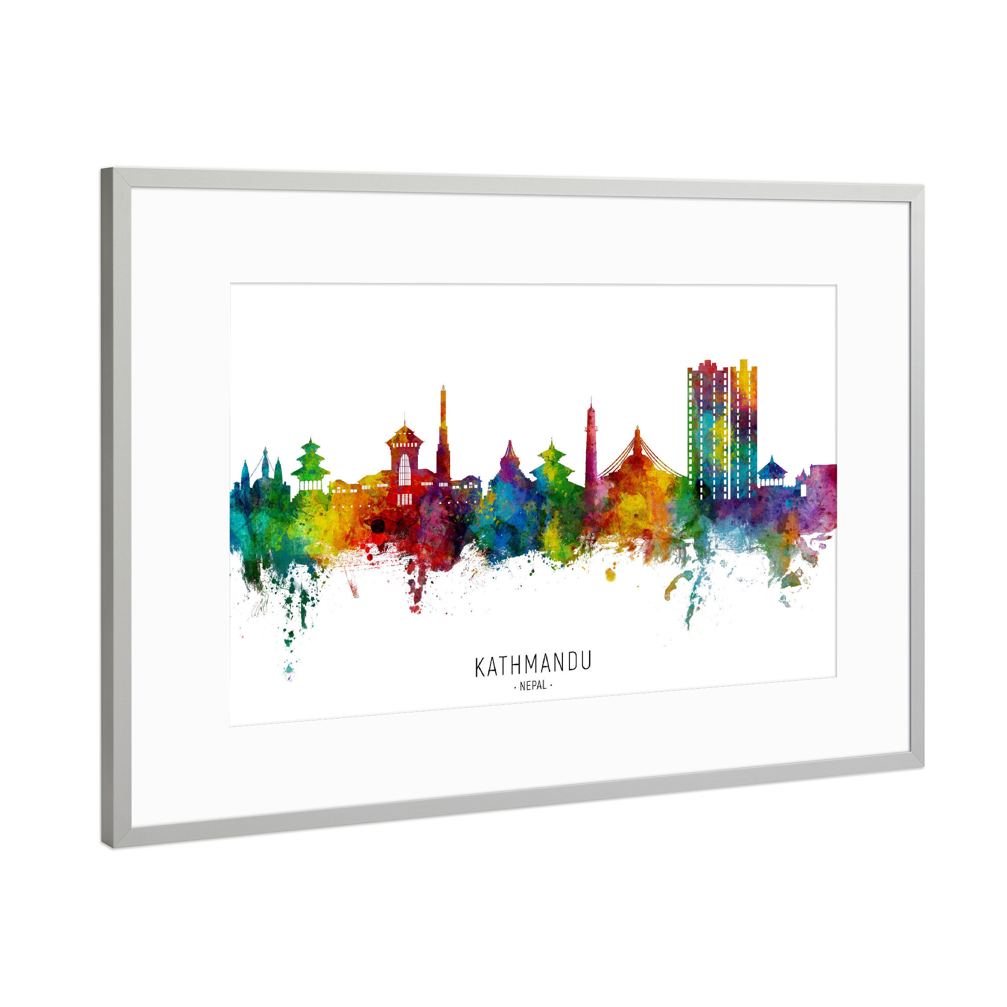 Poster mit Rahmen Silber "Kathmandu Nepal Skyline txt" artboxONE - Städte - Kathmandu,Nepal,Skyline,Stadtbild,Stadtbild,Aquarell,Malerei,Stadt