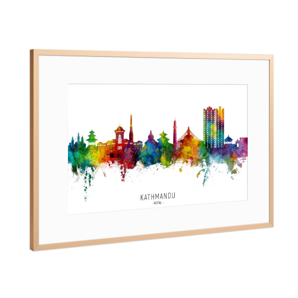 Poster mit Rahmen Kupfer "Kathmandu Nepal Skyline txt" artboxONE - Städte - Kathmandu,Nepal,Skyline,Stadtbild,Stadtbild,Aquarell,Malerei,Stadt