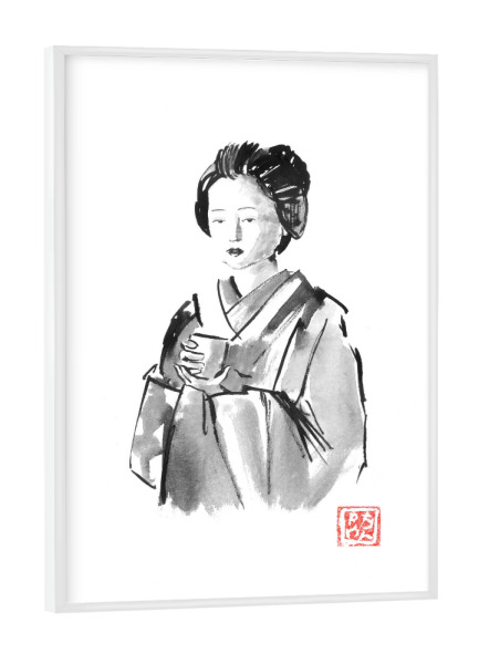 Poster mit weißem Rahmen "Geisha trinken" artboxONE - Schwarzweiß,Reise / Asien - Geisha,Sumie,Japan,Frau