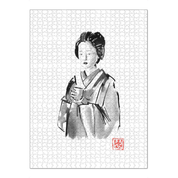 Puzzle Ravensburger "Geisha trinken" artboxONE - Schwarzweiß,Reise / Asien - Geisha,Sumie,Japan,Frau - Bild geisha