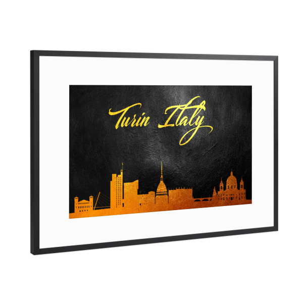 Poster mit Rahmen Schwarz (Metallic) "Turin Italien Gold Skyline" artboxONE - Städte - Turin,Italien,Gold,Skyline,Stadt
