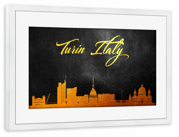 Poster mit Rahmen weiß "Turin Italien Gold Skyline" artboxONE - Städte - Turin,Italien,Gold,Skyline,Stadt