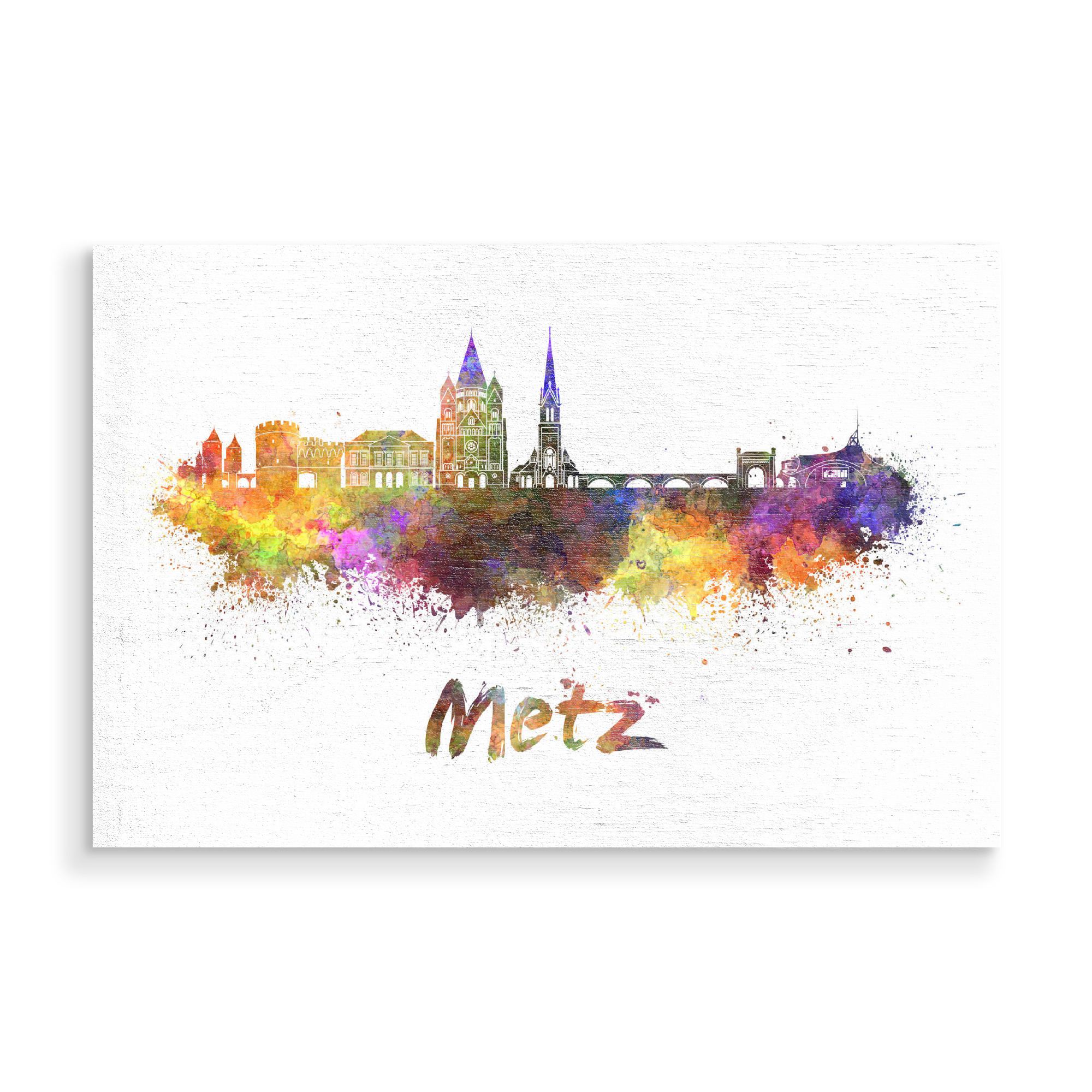 Holzbild "METZ Skyline in Aquarell-g" artboxONE - Städte,Abstrakt,Architektur - Skyline,Denkmäler,Tourismus,Farbe,Stadt,Reise,Aquarell,Erinnerung,Metz