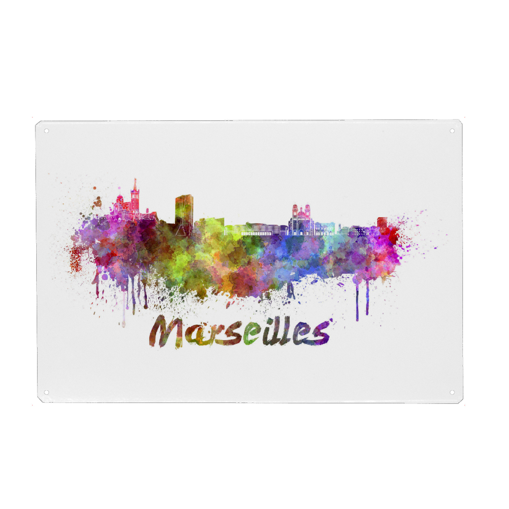 Holzbild "MARSEILLE Skyline in Aquarell-b" artboxONE - Städte,Abstrakt,Architektur - Skyline,Denkmäler,Tourismus,Stadt,Reise,Aquarell,Speicher,Bunt