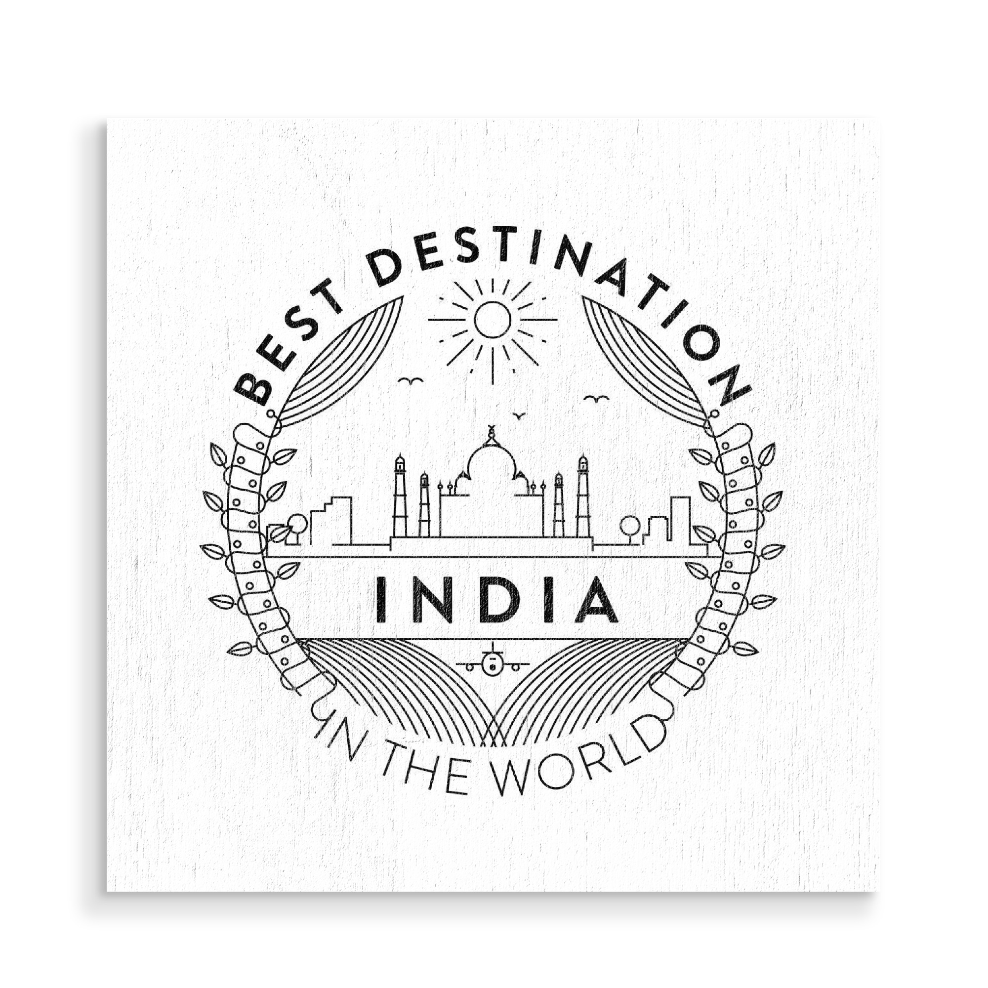 Holzbild "Indien-Abzeichen" artboxONE - Reise - Stadt,Abzeichen,Grafik,Minimal,Skyline,Vektor,Monogramm,Linie,Stil,Reise,Wahrzeichen,Indien,Asien