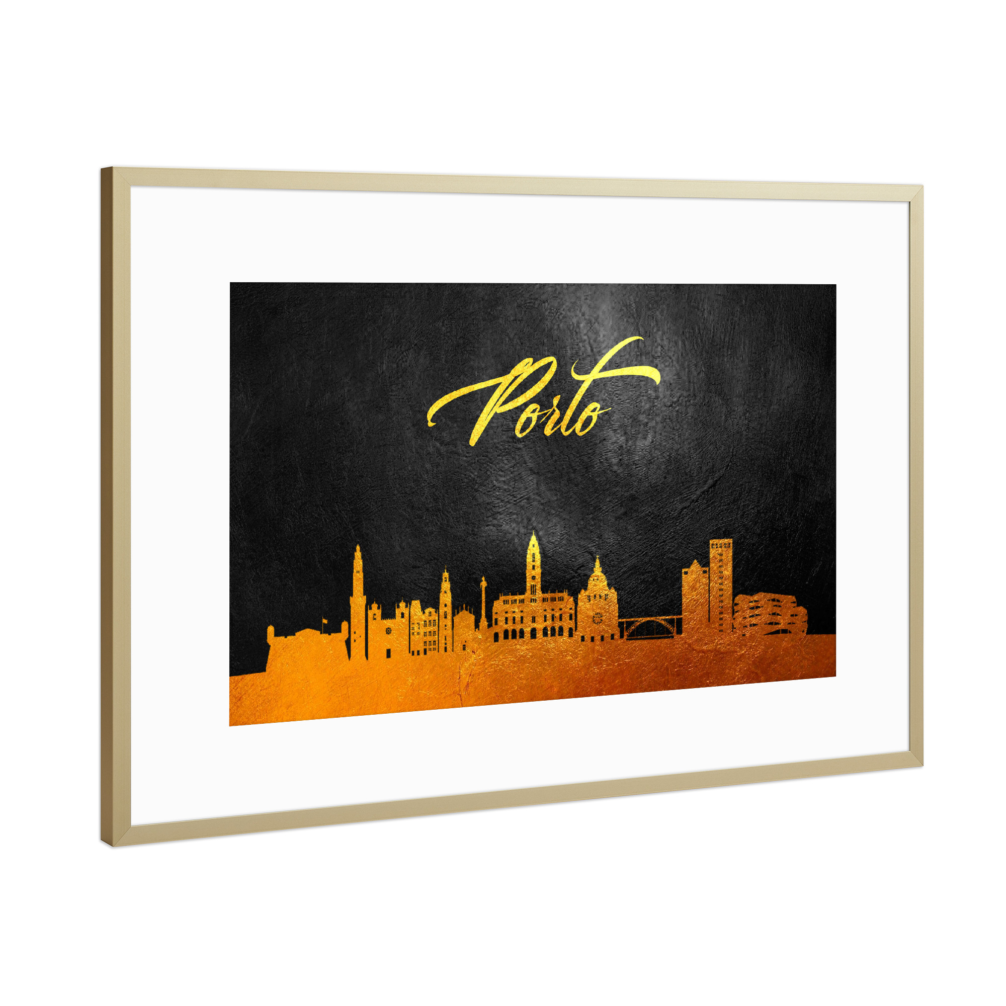 Poster mit Rahmen Gold "Porto Portugal Gold-Skyline" artboxONE - Städte - Portugal,Gold,Skyline,Porto,Stadt
