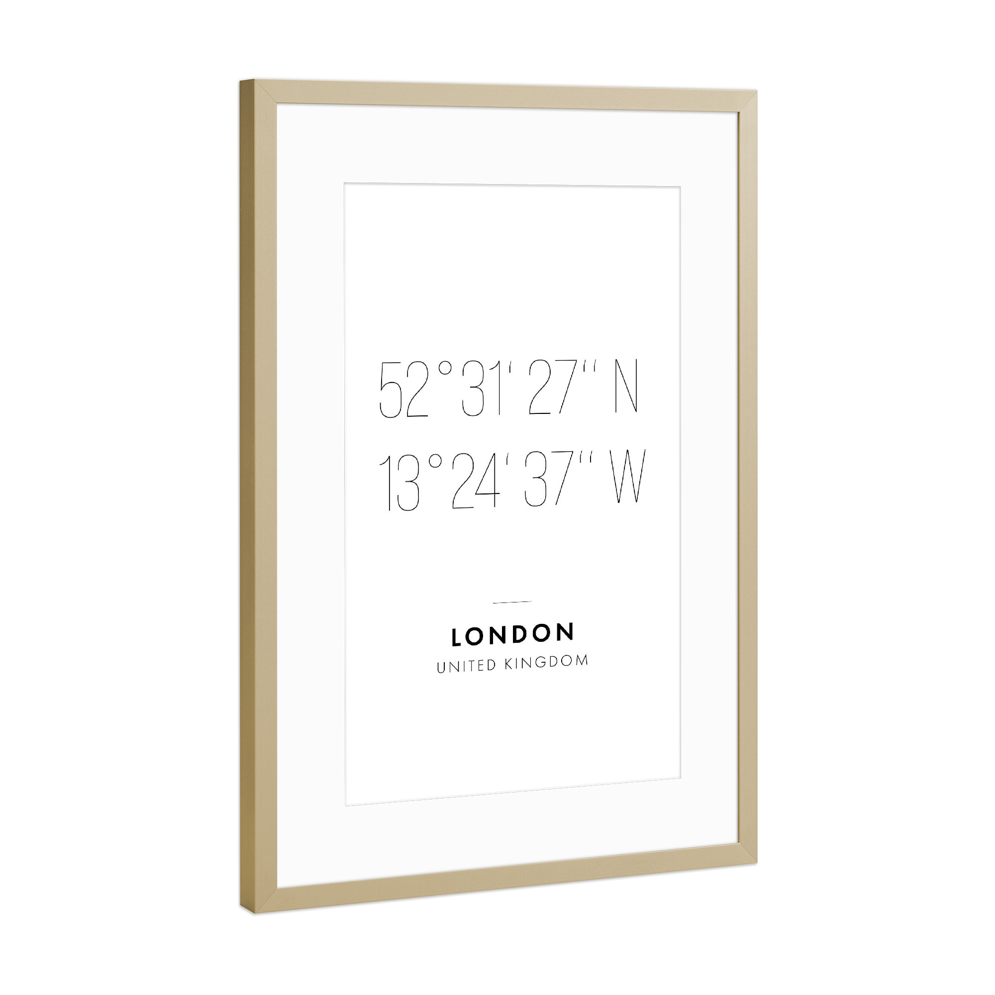 Poster mit Rahmen Gold "Koordinaten London" artboxONE - Städte,Städte / London,Reise,Schwarzweiß,Kartografie